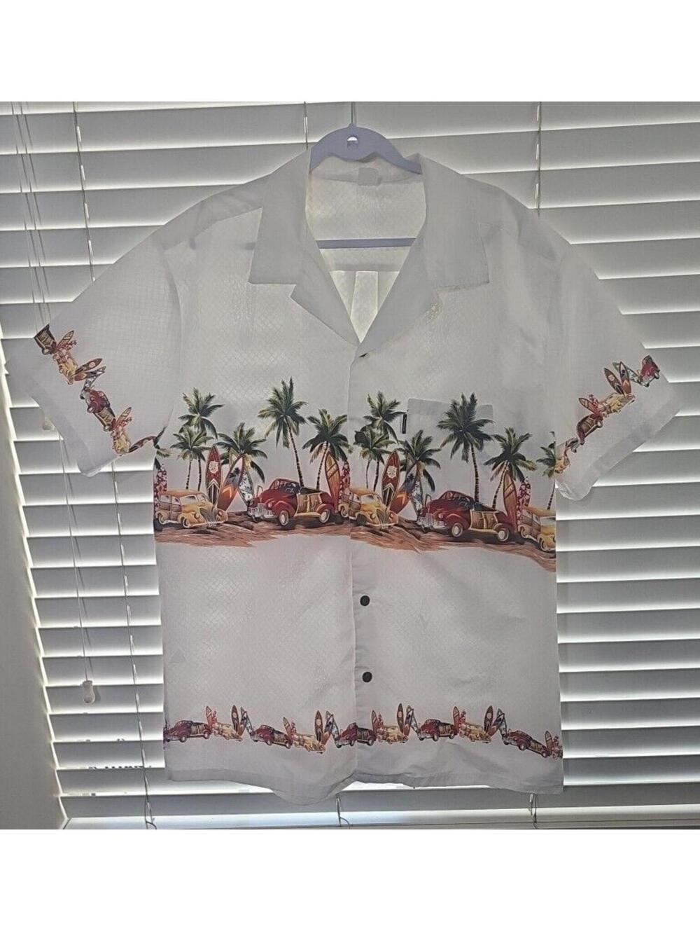 Palmwave Hawaii Shirt Men's 2XL White Aloha Surf Boards Woody Wagons Palm Trees